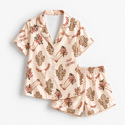 PJ-M1873-Howdy Christmas Satin Pajama Set, Western Cowboy Boots Longhorn Cactus Holiday Sleepwear