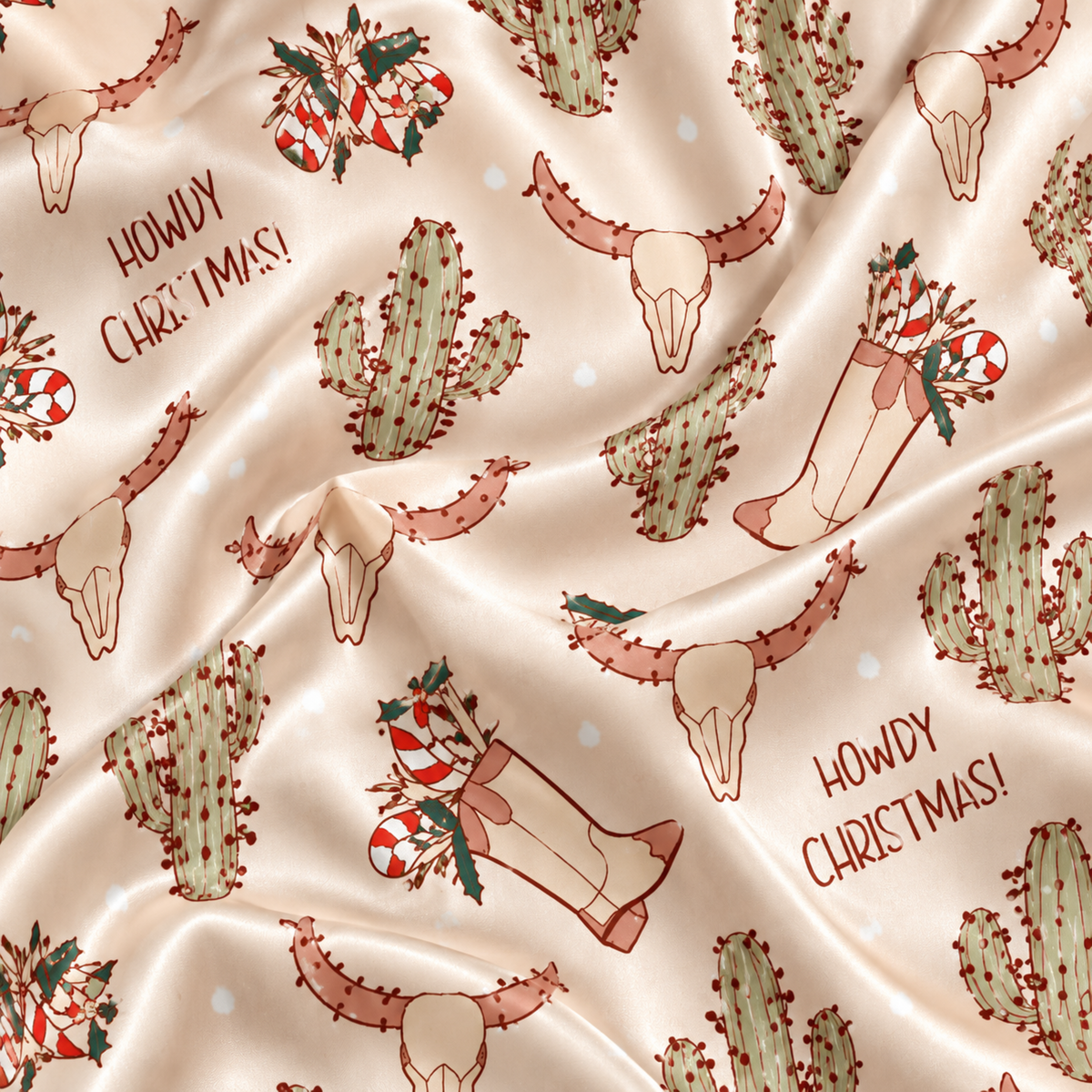 PJ-M1873-Howdy Christmas Satin Pajama Set, Western Cowboy Boots Longhorn Cactus Holiday Sleepwear