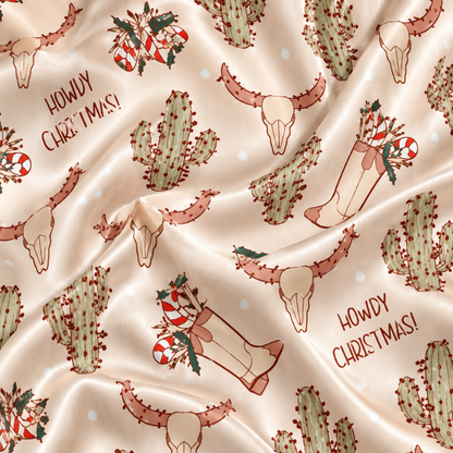 PJ-M1873-Howdy Christmas Satin Pajama Set, Western Cowboy Boots Longhorn Cactus Holiday Sleepwear