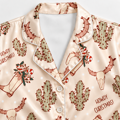 PJ-M1873-Howdy Christmas Satin Pajama Set, Western Cowboy Boots Longhorn Cactus Holiday Sleepwear