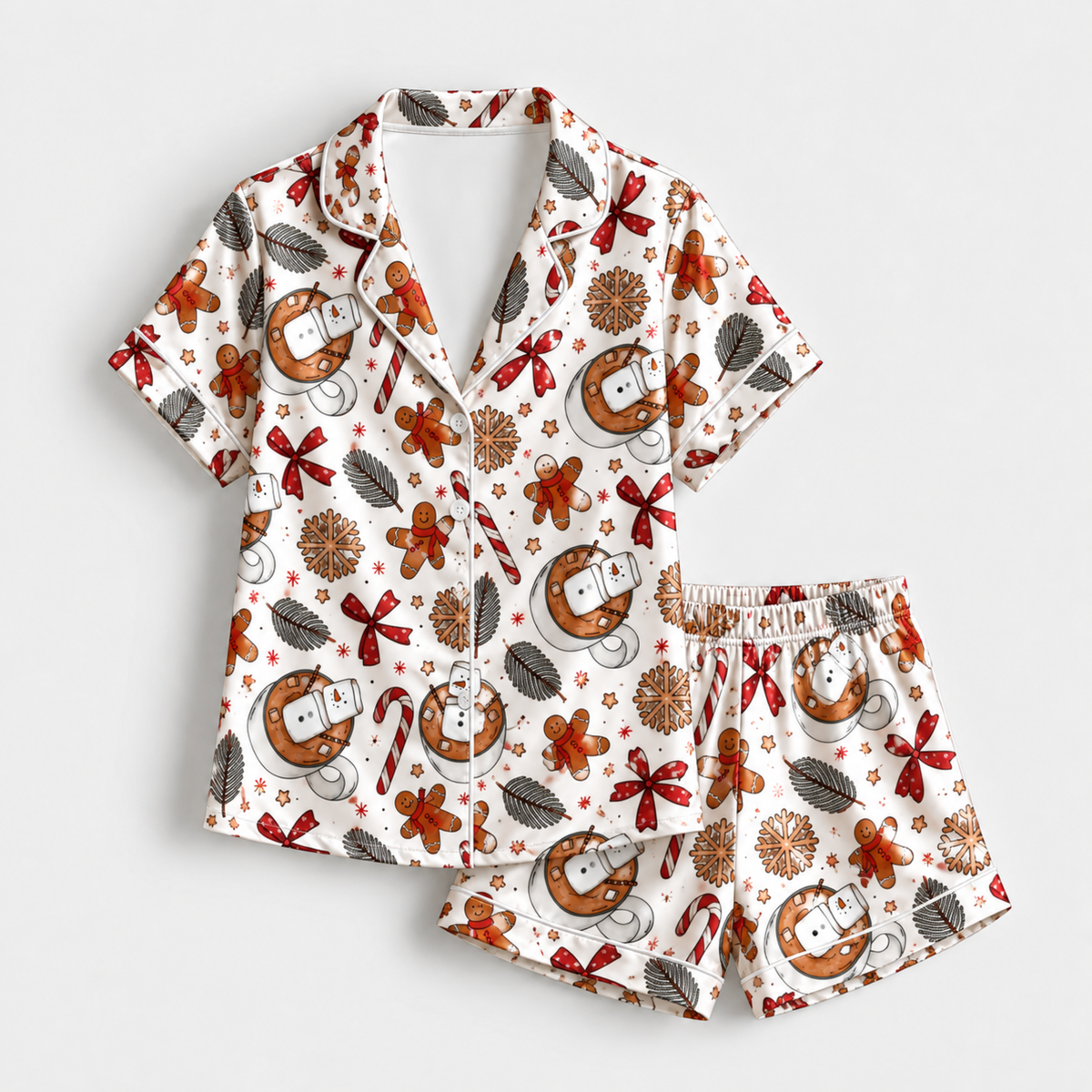 PJ-M1874-Cozy Gingerbread Christmas Satin Pajama Set, Hot Cocoa Bow Pinecone Festive Holiday Sleepwear