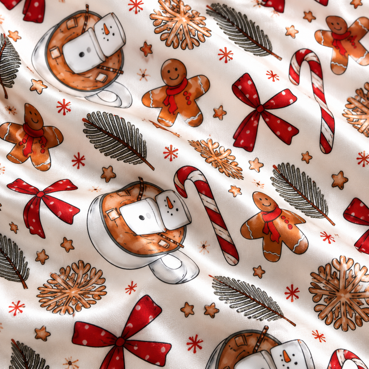 PJ-M1874-Cozy Gingerbread Christmas Satin Pajama Set, Hot Cocoa Bow Pinecone Festive Holiday Sleepwear