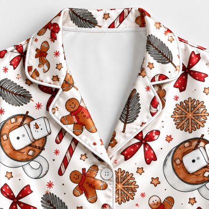 PJ-M1874-Cozy Gingerbread Christmas Satin Pajama Set, Hot Cocoa Bow Pinecone Festive Holiday Sleepwear