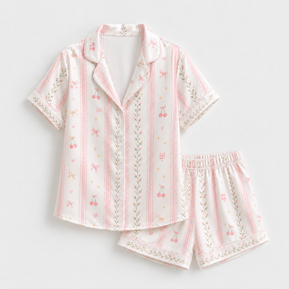 PJ-M188-Satin Cherry Pajama Apparel, Striped Bow Pattern Loungewear Sleepwear Collection Top Bottom Clothing