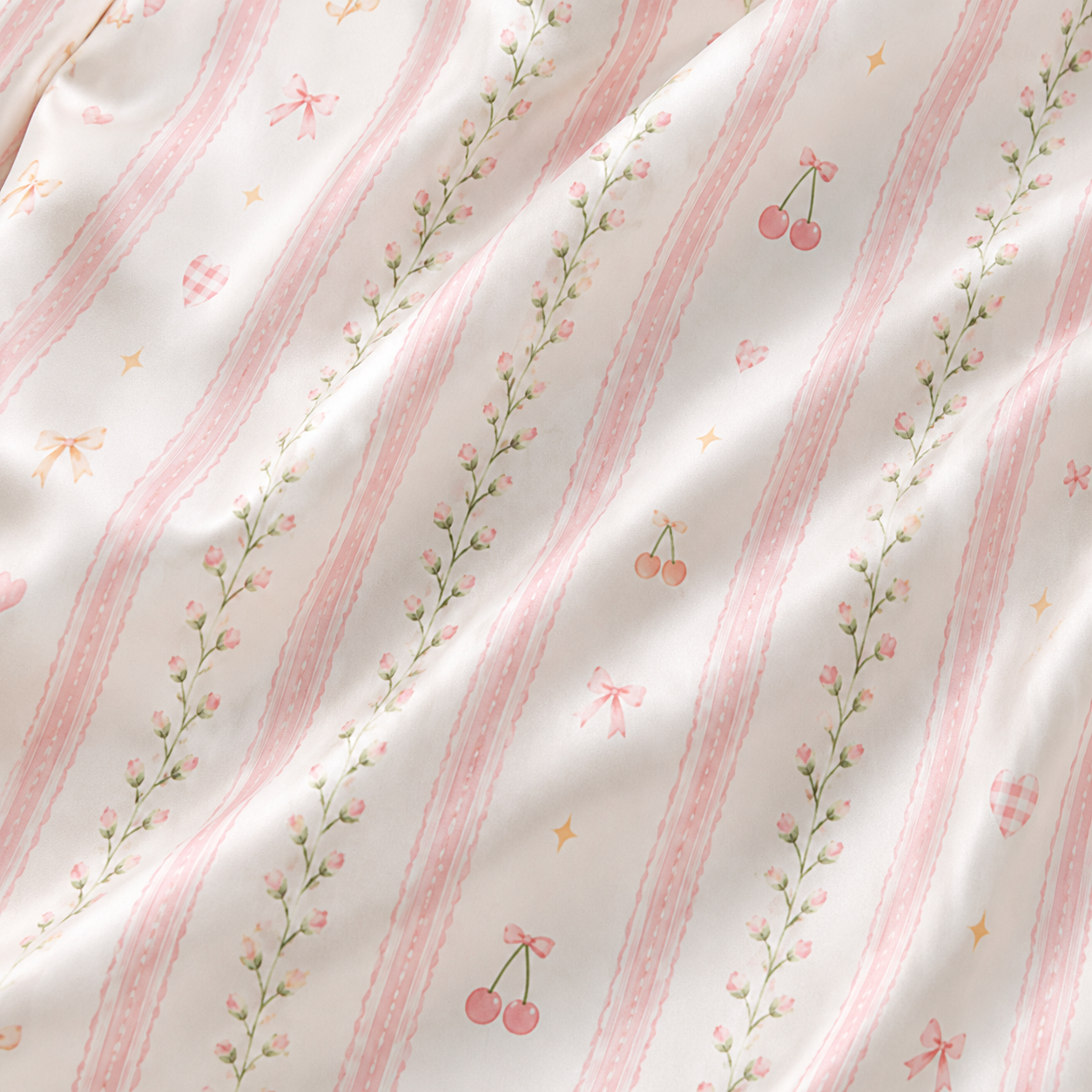PJ-M188-Satin Cherry Pajama Apparel, Striped Bow Pattern Loungewear Sleepwear Collection Top Bottom Clothing