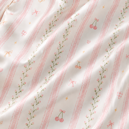 PJ-M188-Satin Cherry Pajama Apparel, Striped Bow Pattern Loungewear Sleepwear Collection Top Bottom Clothing