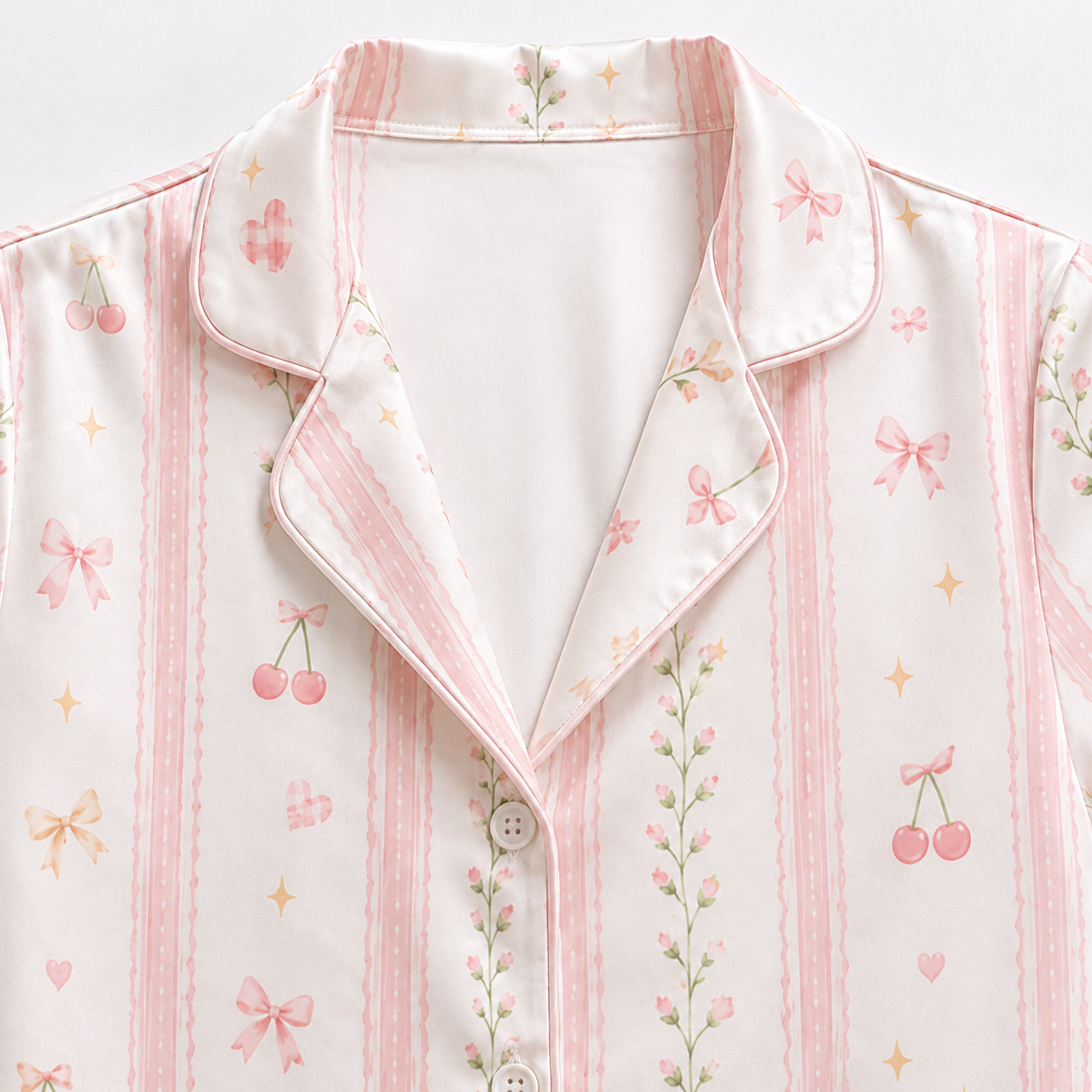 PJ-M188-Satin Cherry Pajama Apparel, Striped Bow Pattern Loungewear Sleepwear Collection Top Bottom Clothing