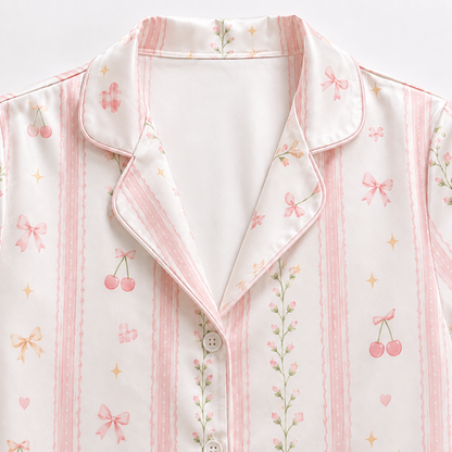 PJ-M188-Satin Cherry Pajama Apparel, Striped Bow Pattern Loungewear Sleepwear Collection Top Bottom Clothing