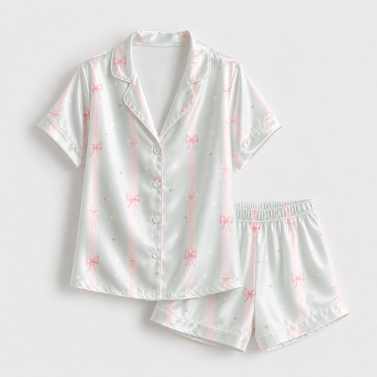 PJ-M189-Pastel Mint Pink Bow Striped Satin Pajama Set Heart Print Sleepwear Button Front Coquette Loungewear