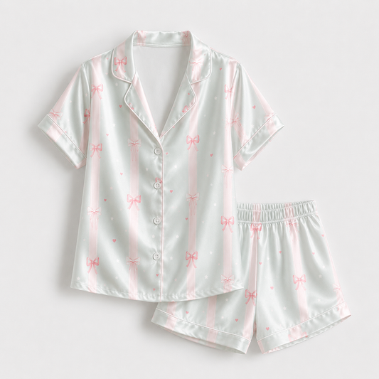 PJ-M189-Pastel Mint Pink Bow Striped Satin Pajama Set Heart Print Sleepwear Button Front Coquette Loungewear