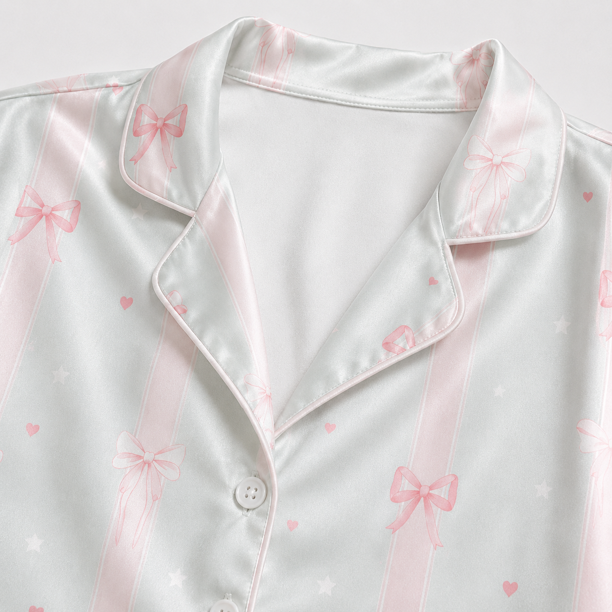 PJ-M189-Pastel Mint Pink Bow Striped Satin Pajama Set Heart Print Sleepwear Button Front Coquette Loungewear