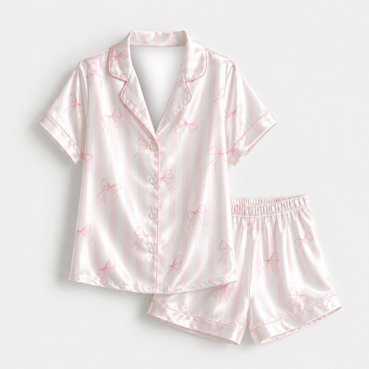 PJ-M190-Coquette Pink Striped Bow Satin Pajama Set Button Up Ribbon Sleepwear Loungewear