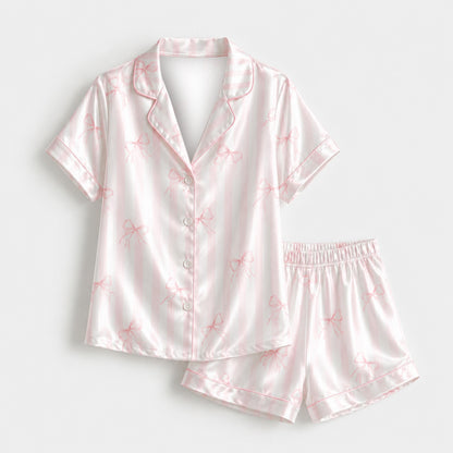 PJ-M190-Coquette Pink Striped Bow Satin Pajama Set Button Up Ribbon Sleepwear Loungewear
