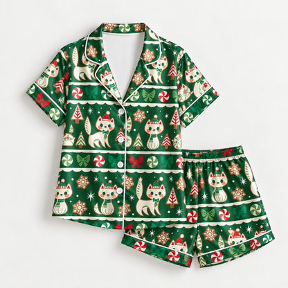 PJ-M1902-Christmas Cat Candy Cane Satin Pajama Set, Green Festive Holiday Cozy Sleepwear