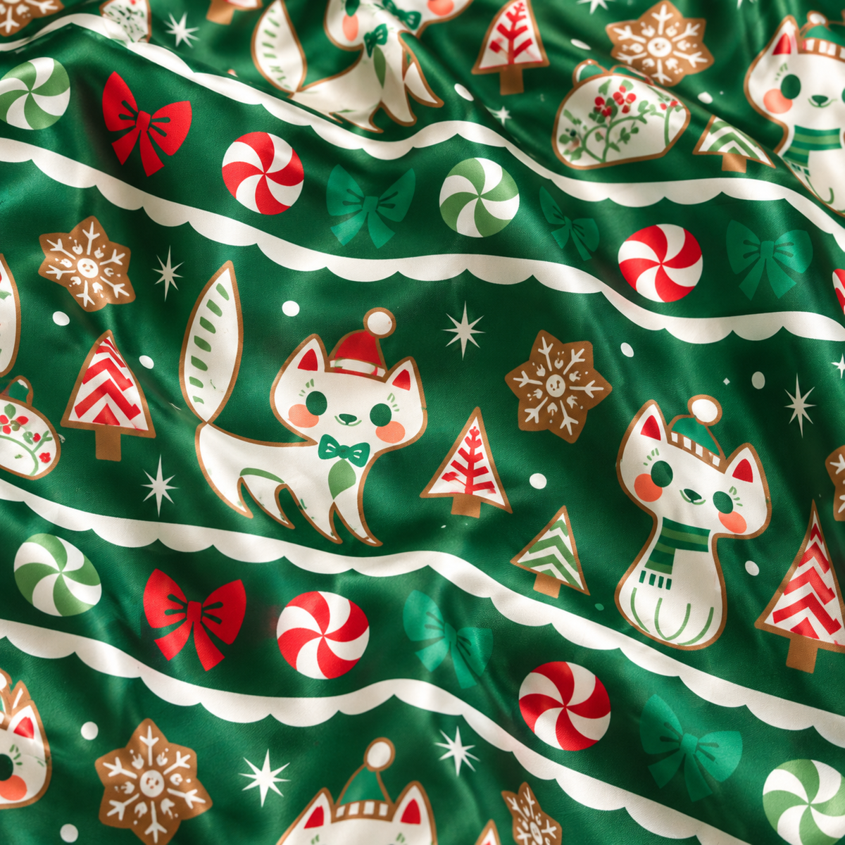 PJ-M1902-Christmas Cat Candy Cane Satin Pajama Set, Green Festive Holiday Cozy Sleepwear