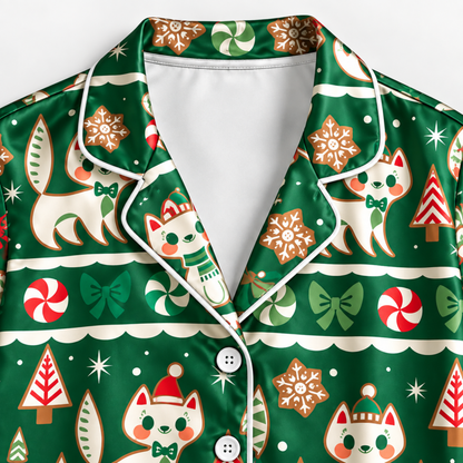 PJ-M1902-Christmas Cat Candy Cane Satin Pajama Set, Green Festive Holiday Cozy Sleepwear