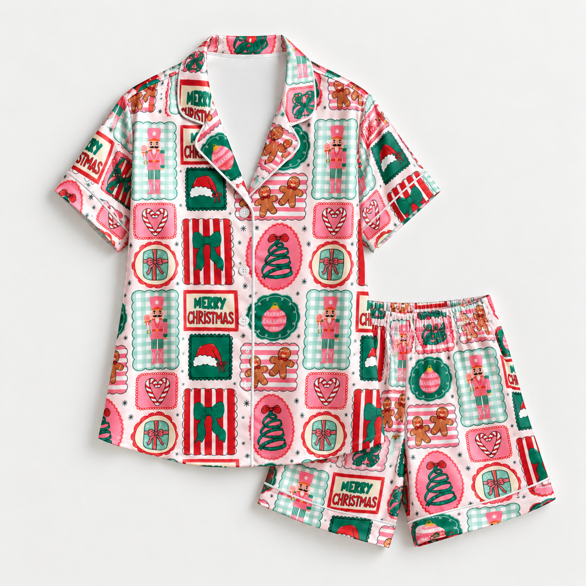 PJ-M1903-Retro Christmas Treats Satin Pajama Set, Gingerbread Candy Festive Holiday Sleepwear
