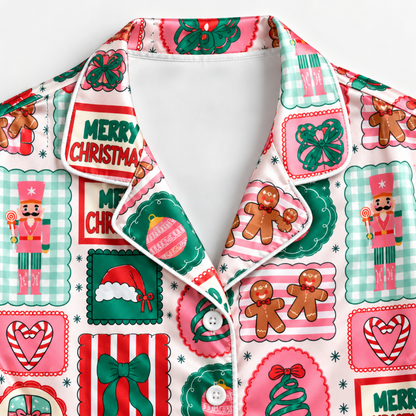 PJ-M1903-Retro Christmas Treats Satin Pajama Set, Gingerbread Candy Festive Holiday Sleepwear