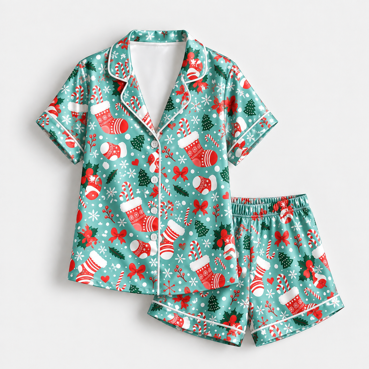 PJ-M1906-Christmas Stocking Candy Cane Satin Pajama Set, Festive Snowflake Holiday Cozy Sleepwear