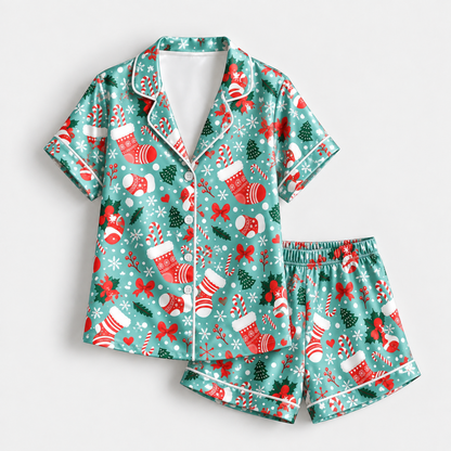PJ-M1906-Christmas Stocking Candy Cane Satin Pajama Set, Festive Snowflake Holiday Cozy Sleepwear
