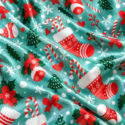 PJ-M1906-Christmas Stocking Candy Cane Satin Pajama Set, Festive Snowflake Holiday Cozy Sleepwear