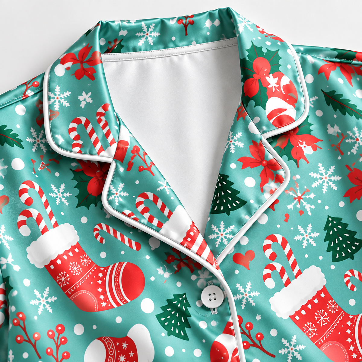 PJ-M1906-Christmas Stocking Candy Cane Satin Pajama Set, Festive Snowflake Holiday Cozy Sleepwear