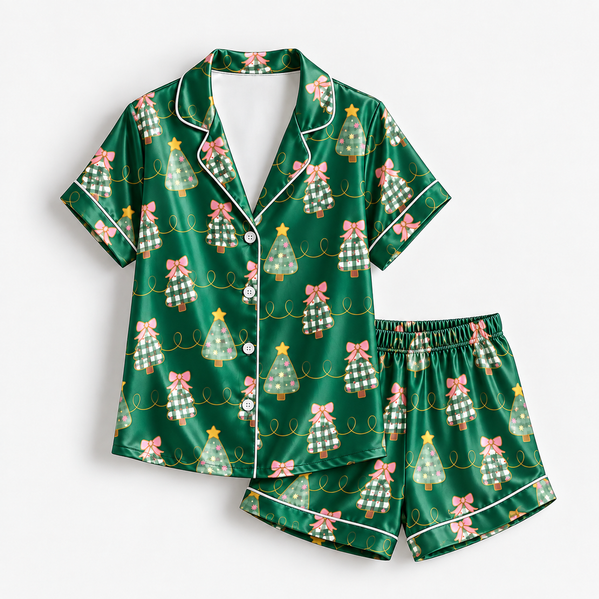 PJ-M1908-Christmas Tree Bow Satin Pajama Set, Green Festive Holiday Cozy Sleepwear