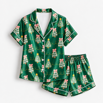 PJ-M1908-Christmas Tree Bow Satin Pajama Set, Green Festive Holiday Cozy Sleepwear