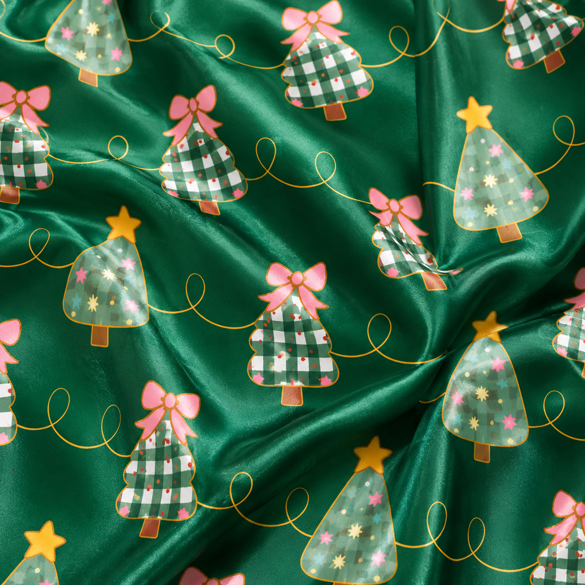 PJ-M1908-Christmas Tree Bow Satin Pajama Set, Green Festive Holiday Cozy Sleepwear