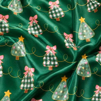 PJ-M1908-Christmas Tree Bow Satin Pajama Set, Green Festive Holiday Cozy Sleepwear