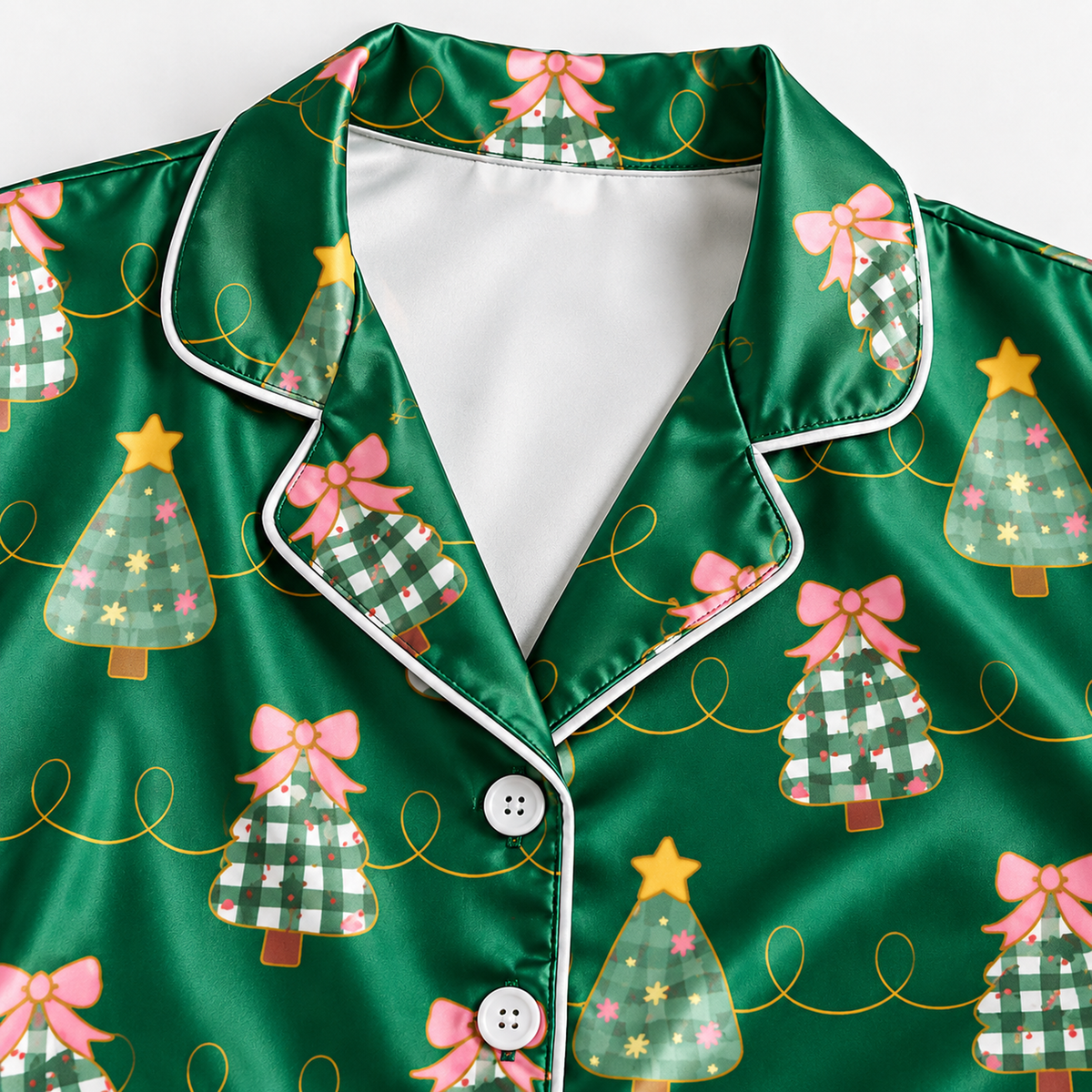 PJ-M1908-Christmas Tree Bow Satin Pajama Set, Green Festive Holiday Cozy Sleepwear