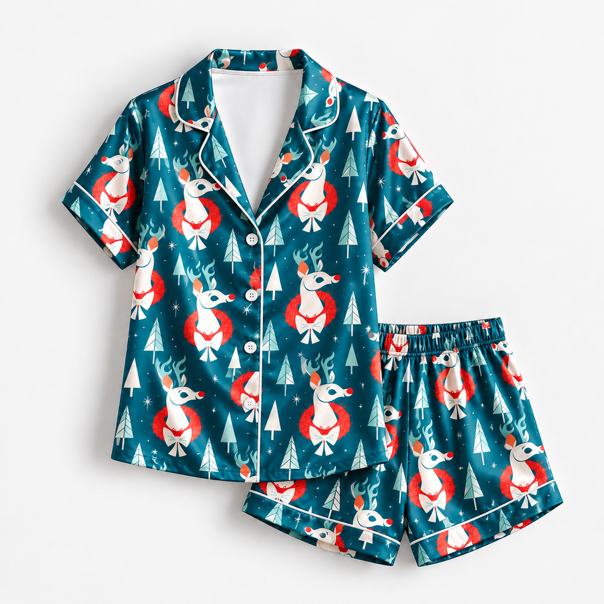 PJ-M1909-Festive Reindeer Forest Satin Pajama Set, Teal Christmas Winter Holiday Sleepwear