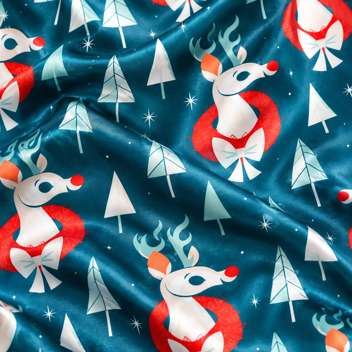 PJ-M1909-Festive Reindeer Forest Satin Pajama Set, Teal Christmas Winter Holiday Sleepwear