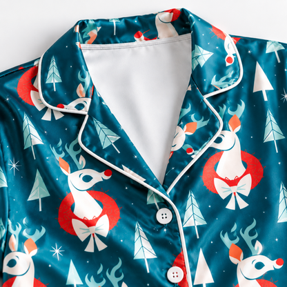 PJ-M1909-Festive Reindeer Forest Satin Pajama Set, Teal Christmas Winter Holiday Sleepwear