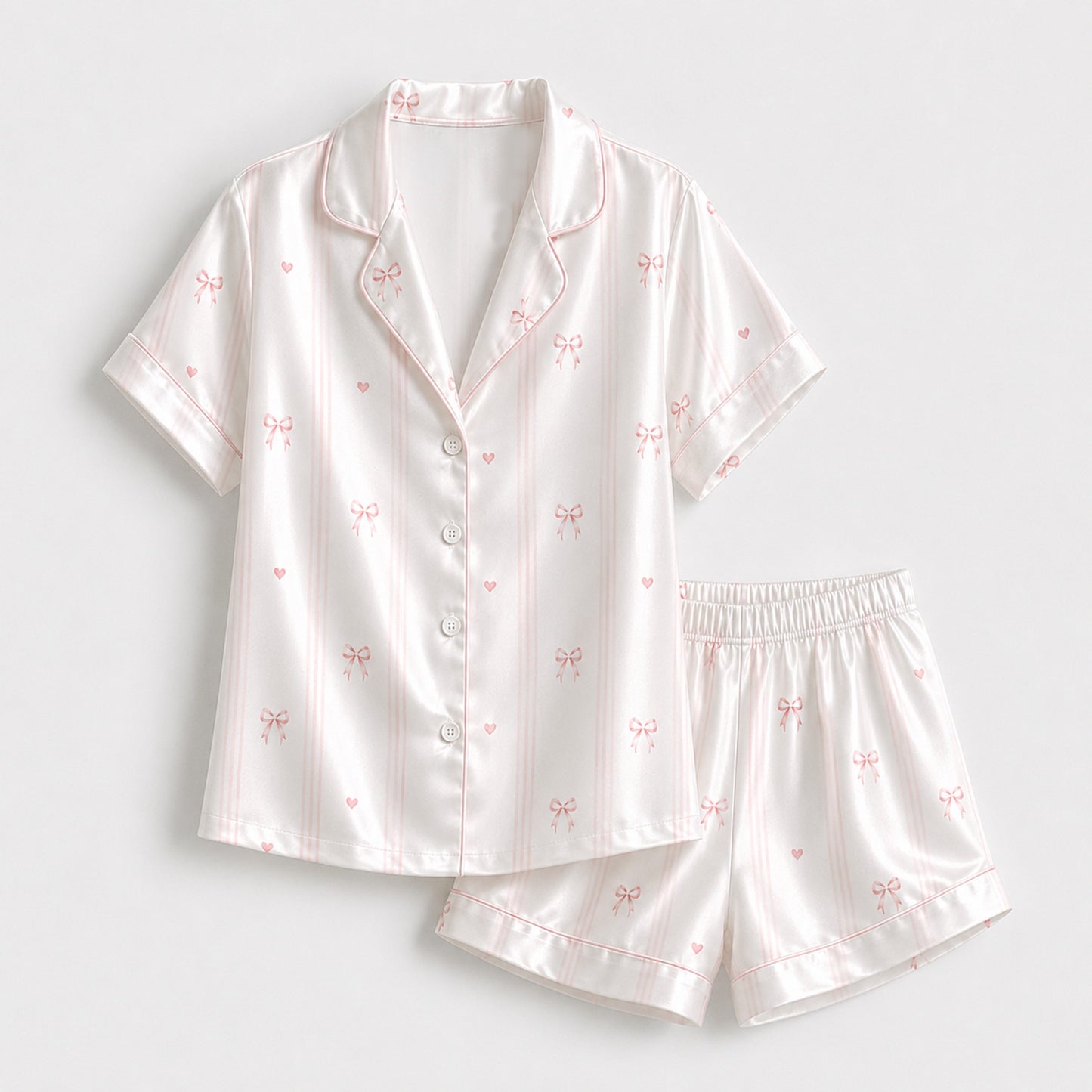 PJ-M191-White Thin Pink Striped Bow Satin Pajama Set Heart Detail Sleepwear Button Up Loungewear