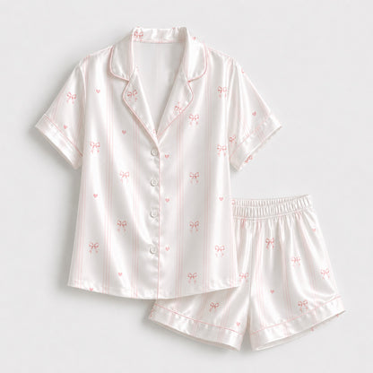 PJ-M191-White Thin Pink Striped Bow Satin Pajama Set Heart Detail Sleepwear Button Up Loungewear