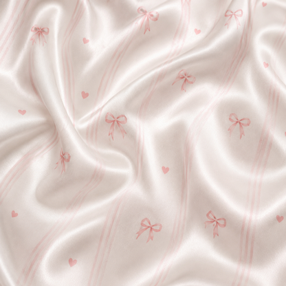 PJ-M191-White Thin Pink Striped Bow Satin Pajama Set Heart Detail Sleepwear Button Up Loungewear