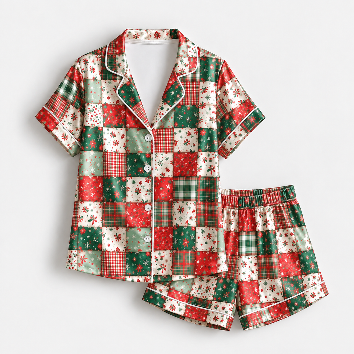 PJ-M1910-Christmas Patchwork Plaid Satin Pajama Set, Red Green Vintage Holiday Sleepwear