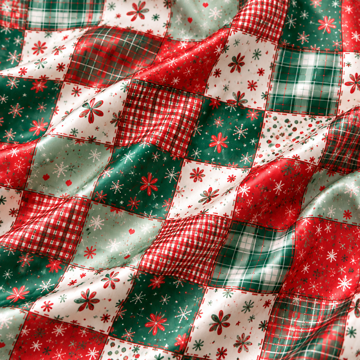 PJ-M1910-Christmas Patchwork Plaid Satin Pajama Set, Red Green Vintage Holiday Sleepwear