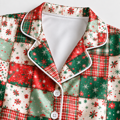 PJ-M1910-Christmas Patchwork Plaid Satin Pajama Set, Red Green Vintage Holiday Sleepwear