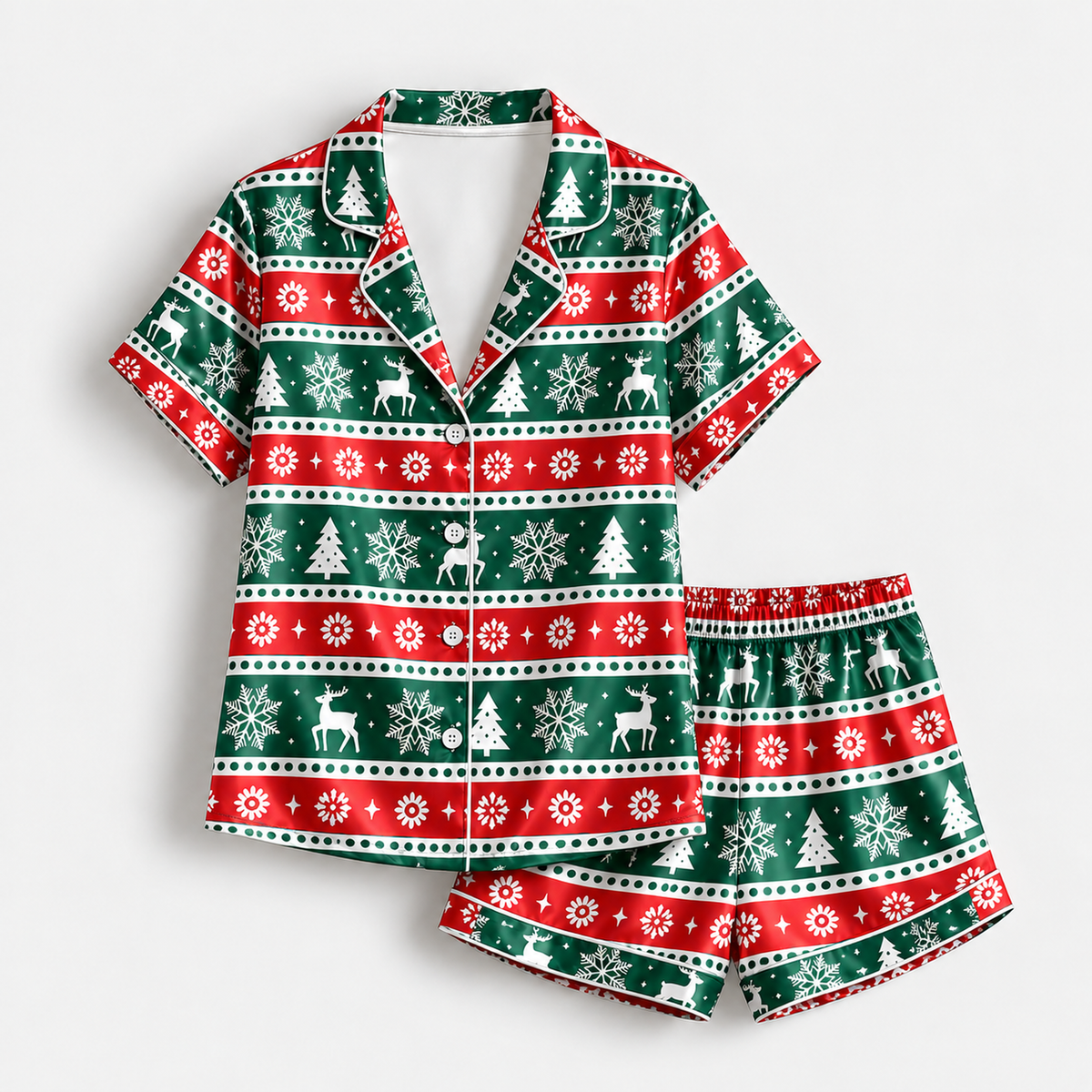 PJ-M1911-Christmas Reindeer Snowflake Satin Pajama Set, Green Red Nordic Holiday Sleepwear