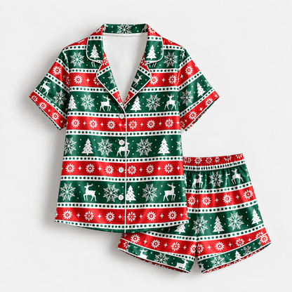 PJ-M1911-Christmas Reindeer Snowflake Satin Pajama Set, Green Red Nordic Holiday Sleepwear