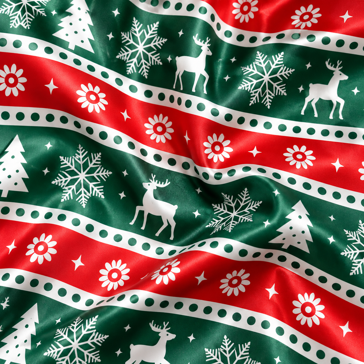 PJ-M1911-Christmas Reindeer Snowflake Satin Pajama Set, Green Red Nordic Holiday Sleepwear