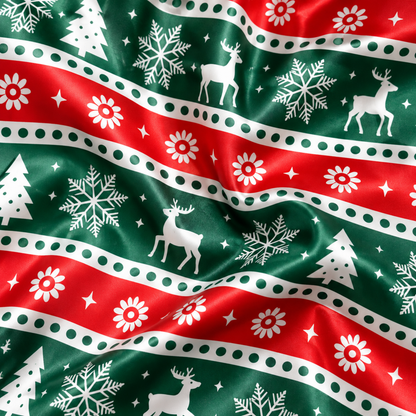 PJ-M1911-Christmas Reindeer Snowflake Satin Pajama Set, Green Red Nordic Holiday Sleepwear