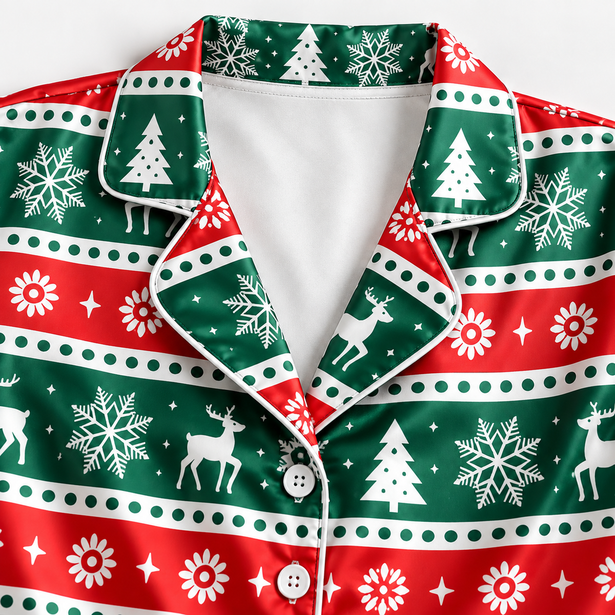 PJ-M1911-Christmas Reindeer Snowflake Satin Pajama Set, Green Red Nordic Holiday Sleepwear