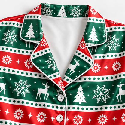 PJ-M1911-Christmas Reindeer Snowflake Satin Pajama Set, Green Red Nordic Holiday Sleepwear