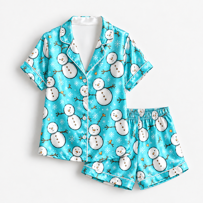 PJ-M1912-Cute Snowman Satin Pajama Set, Aqua Blue Snowflake Christmas Winter Sleepwear