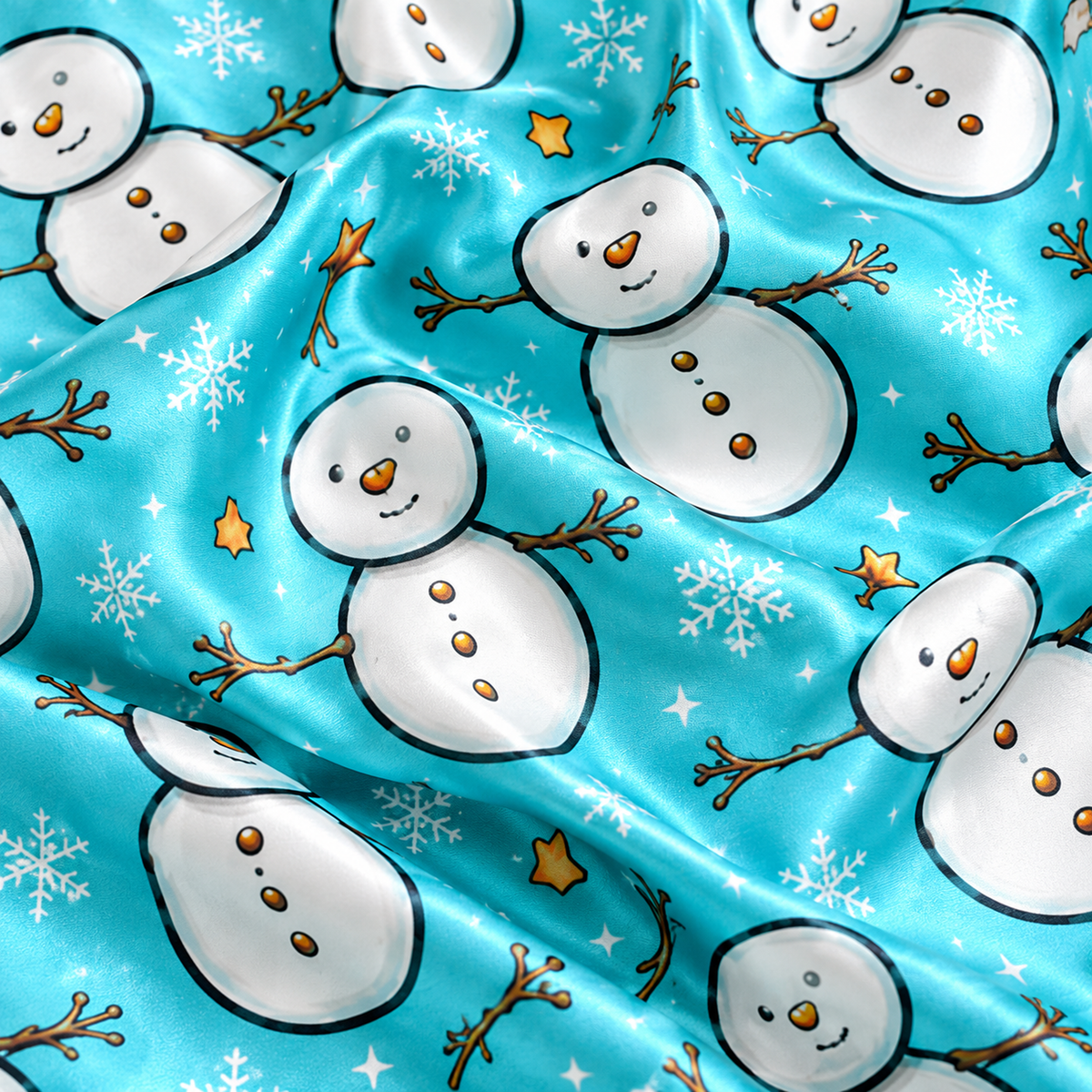 PJ-M1912-Cute Snowman Satin Pajama Set, Aqua Blue Snowflake Christmas Winter Sleepwear