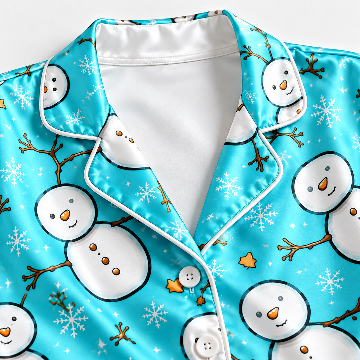 PJ-M1912-Cute Snowman Satin Pajama Set, Aqua Blue Snowflake Christmas Winter Sleepwear
