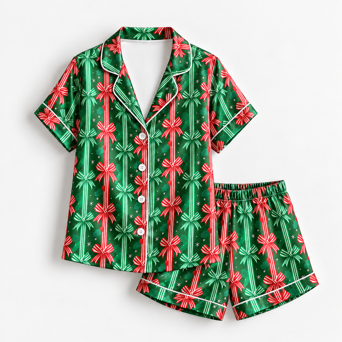 PJ-M1913-Christmas Bow Satin Pajama Set, Green Red Ribbon Coquette Holiday Sleepwear